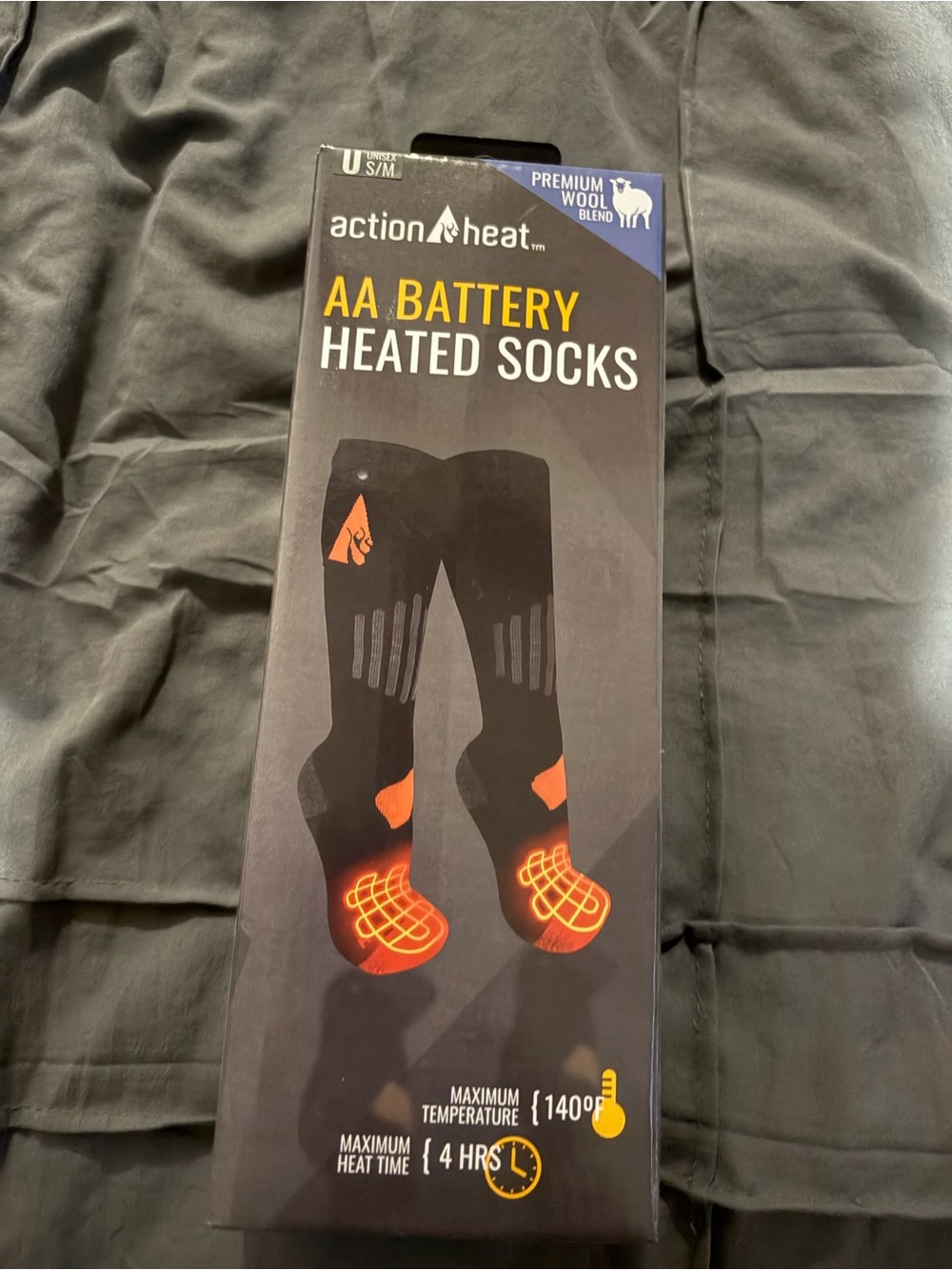 AA Battery Heated Socks - Black with Orange Accents. UNISEX S/M
